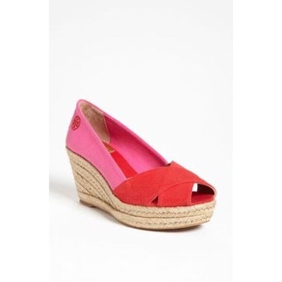 Tory Burch pink and red Filipa Wedge Espadrille size 7 - Picture 1 of 10
